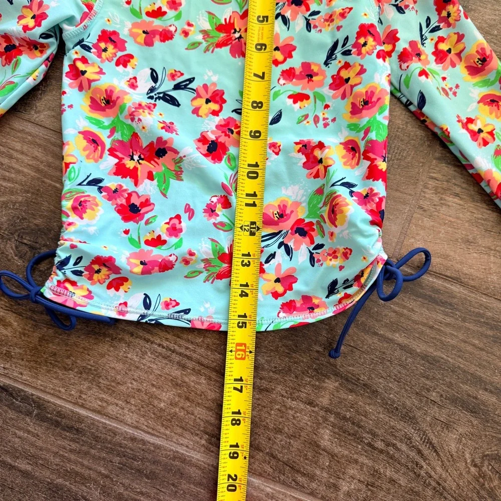 RuffleButts Kids Floral Long Sleeve Rash Guard Swim Top, Mint Green, 5
